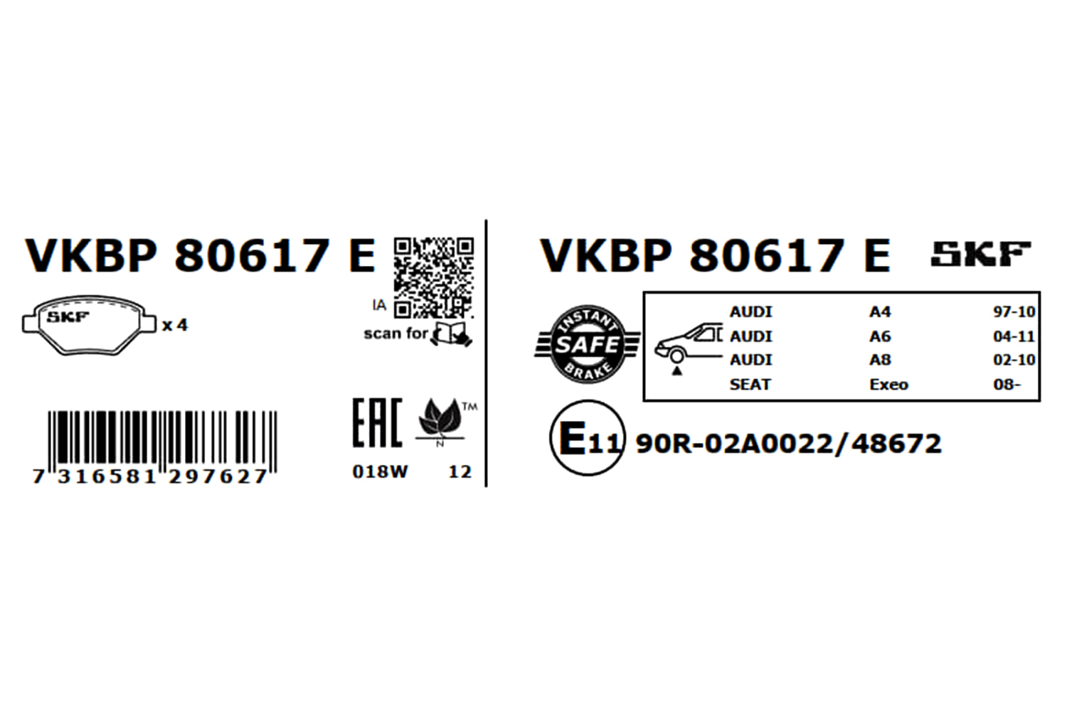 Комплект тормозных колодок, дисковый тормоз - VKBP 80617 E SKF